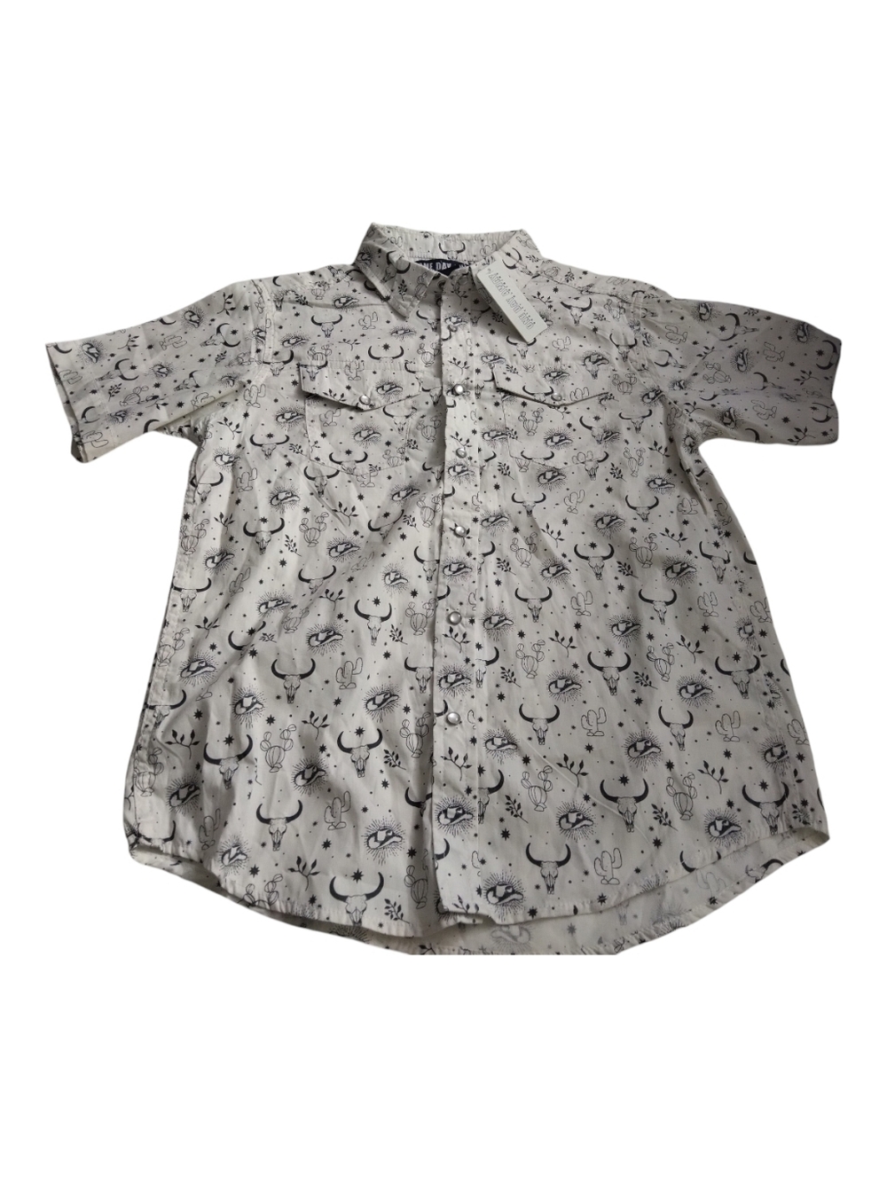 One Day Away Men's Short Sleeve Western Button-Up Shirt Cream  Black Print M New